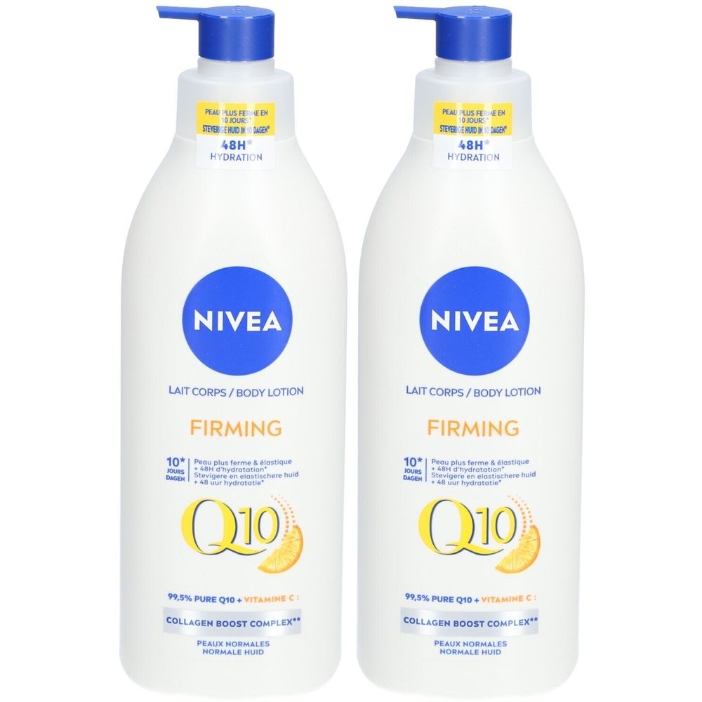 Deux flacons de Lait Corps Fermeté Nivea Q10 et Vitamine C.