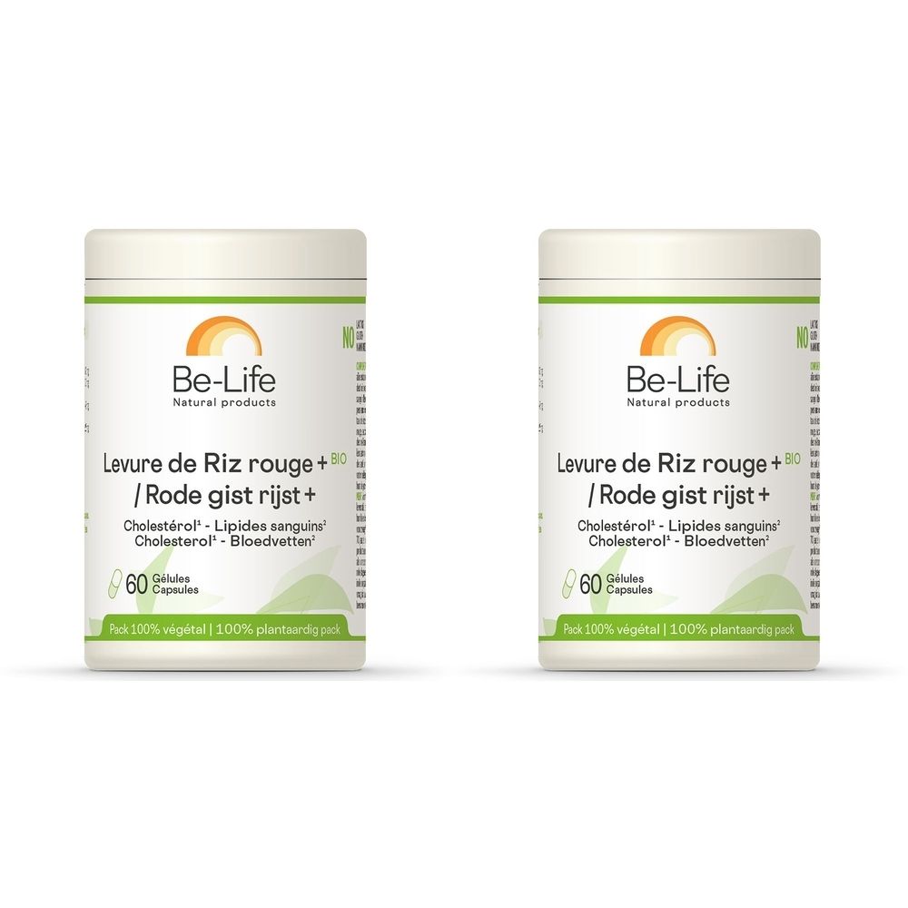 Twee witte potten met etiketten. Opschrift: Be-Life, Levure de Riz rouge Bio, 60 capsules.