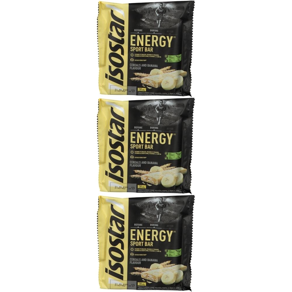 Trois barres énergétiques Isostar Sport Bar Banane emballées. Emballage jaune et noir avec nom du produit et image.