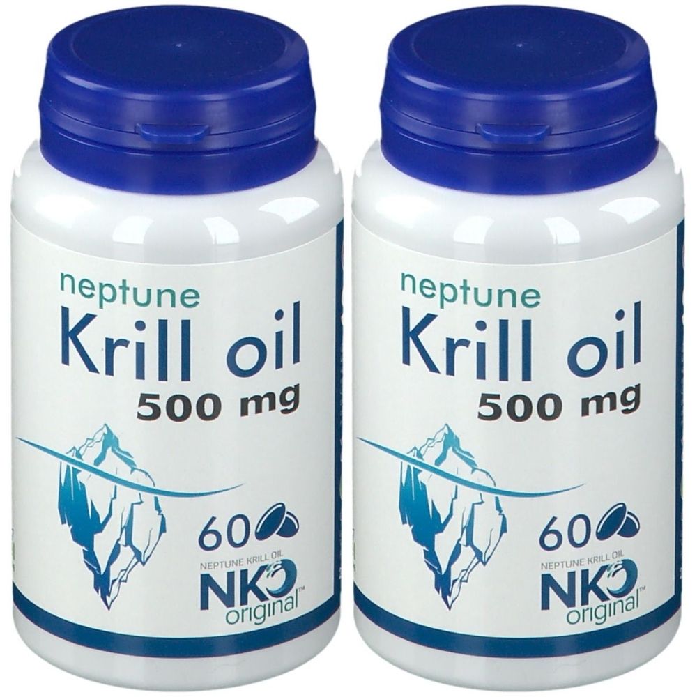 Twee witte flacons "neptune Krill oil 500 mg" met blauwe doppen en ijsbergillustratie.