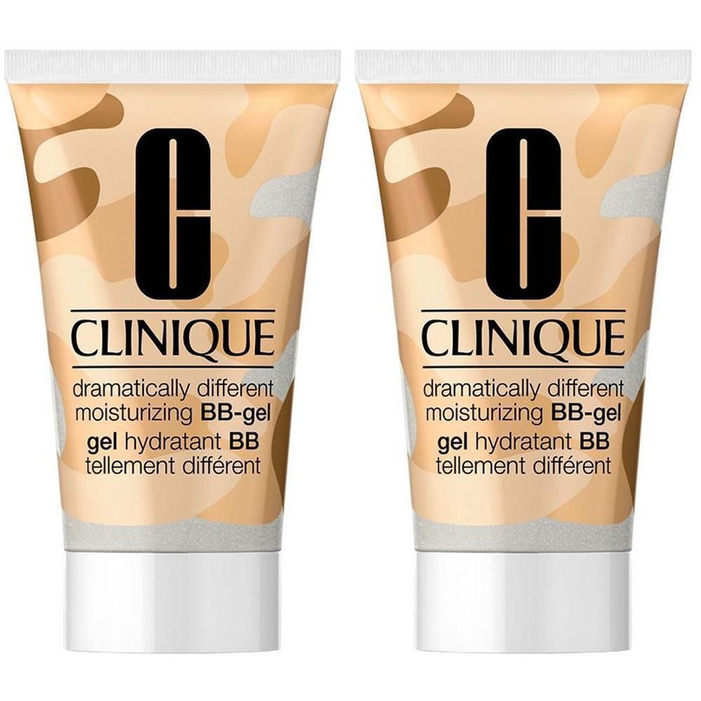 Zwei Tuben CLINIQUE Dramatically Different™ Moisturizing BB-Gel. Beige-braunes Camouflage-Muster, weißer Deckel. Schwarzes Logo und Produktname.