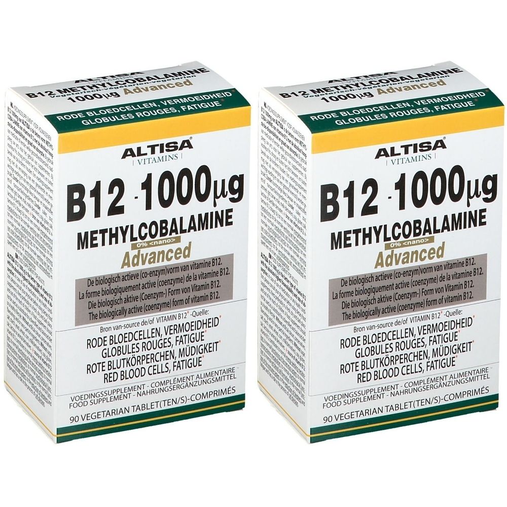 Twee verpakkingen ALTISA vitamine B12. Opschrift: B12 1000µg Methylcobalamine, Advanced. 90 tabletten.