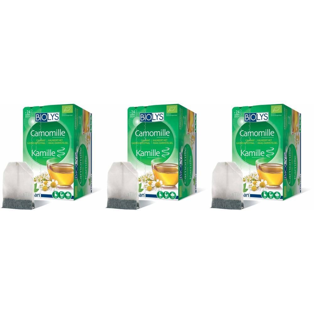 Drei Schachteln mit BIOLYS Kamille Teebeuteln. Grüne Verpackung mit Logo und Produktbezeichnung. Daneben Teebeutel.