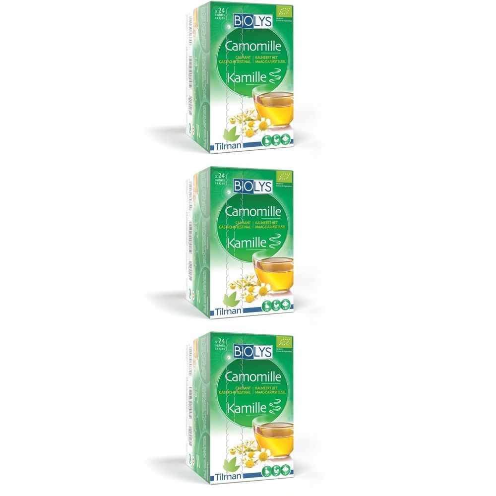 Drie dozen BIOLYS Kamille thee. Groene verpakking met logo en productnaam. Bovenaanzicht.