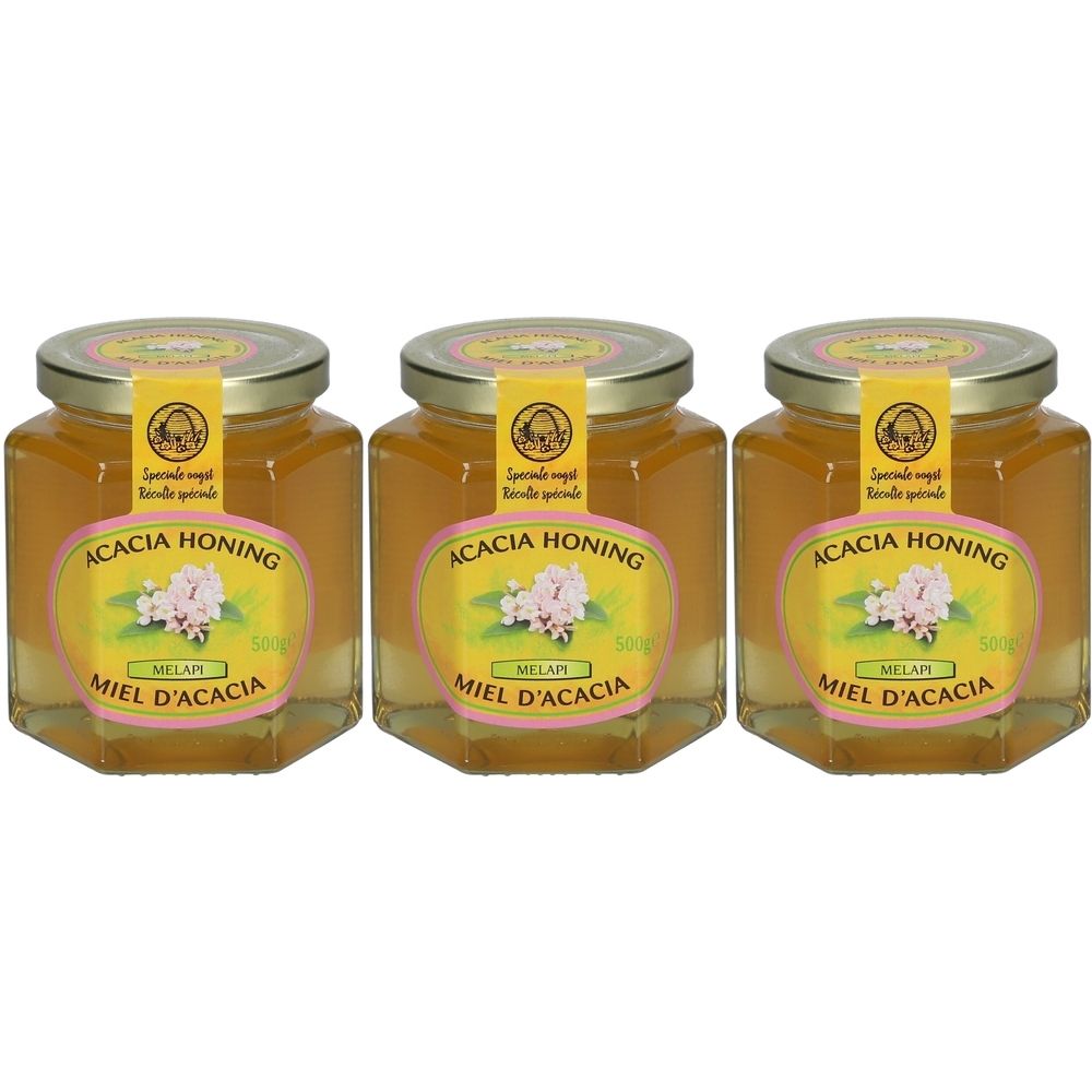 Drie potten honing met gouden deksels. Labels met tekst: Acacia Honing, Miel d'Acacia, en MELAPI.