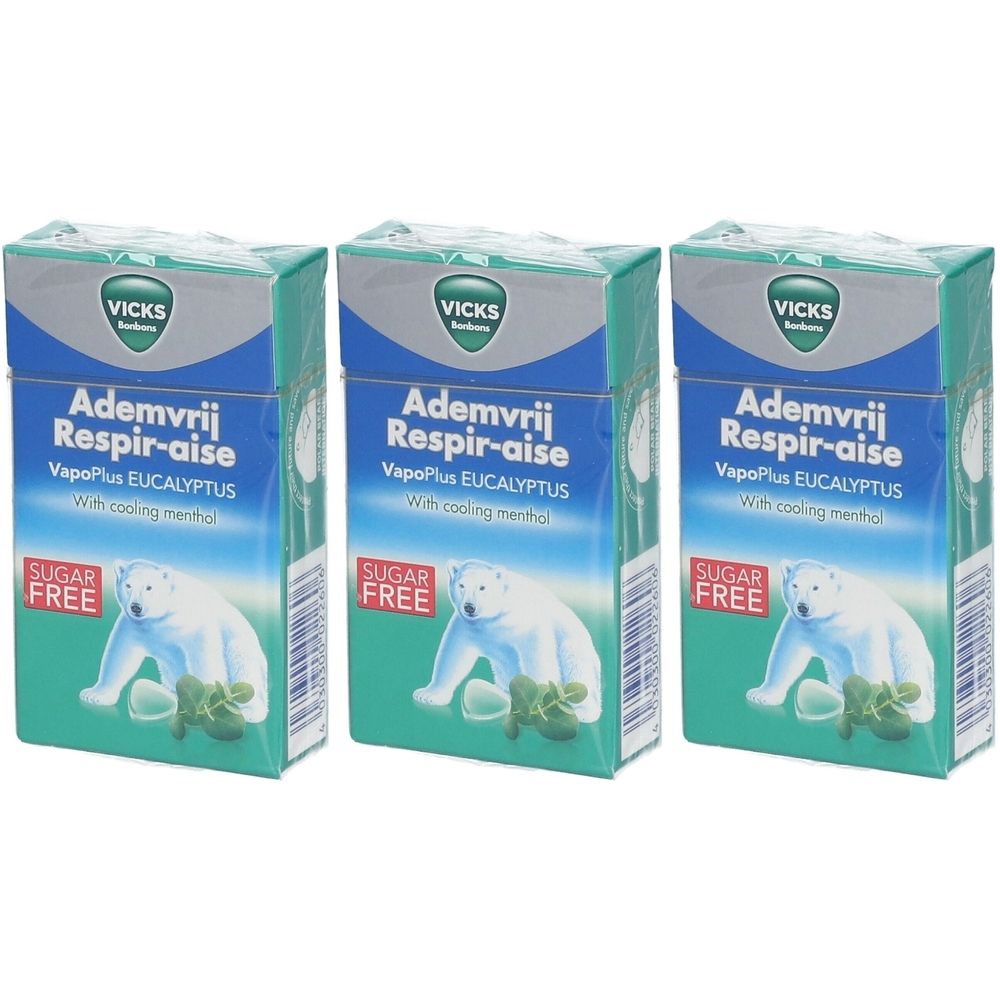 Drie dozen Vicks Respirer Librement Sans Sucre. Blauwe en groene verpakking met ijsbeer illustratie en tekst.