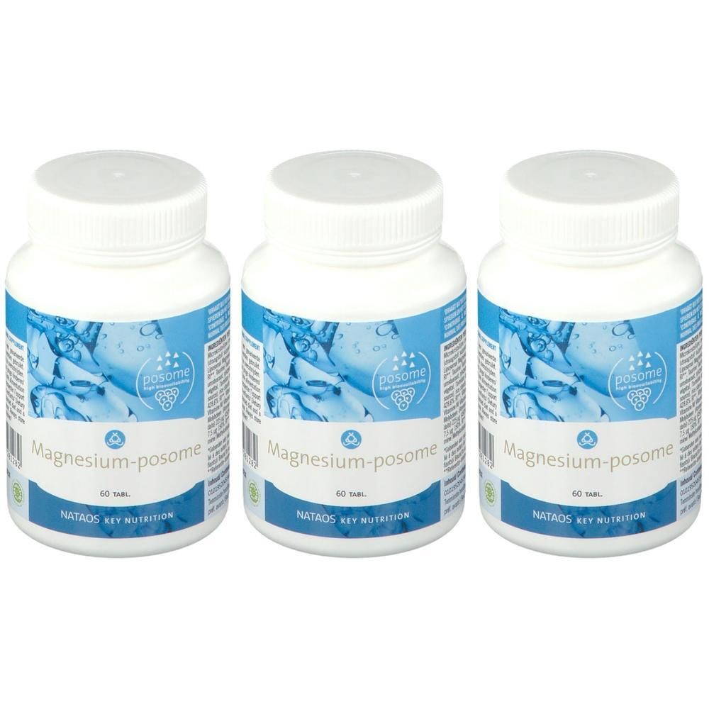 Drei weiße Flaschen mit Etiketten. Aufschrift: Magnesium-posome. Marke: NATAOS KEY NUTRITION. Jede Flasche enthält 60 Tabletten.