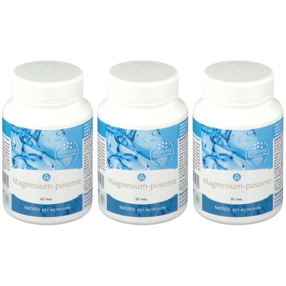 Drie witte flessen met etiketten. Opschrift: Magnesium-posome. Merk: NATAOS KEY NUTRITION. Elke fles bevat 60 tabletten.