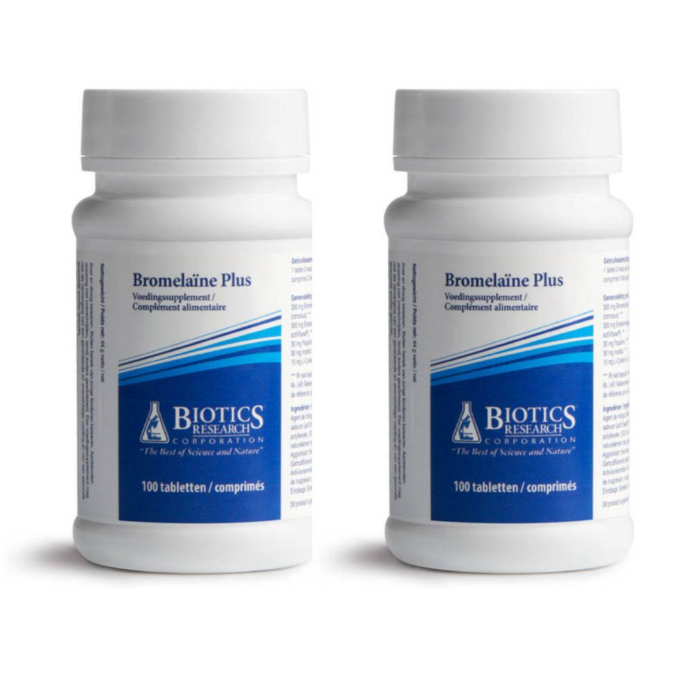 Twee witte flessen met etiketten. Opschrift: Bromelaïne Plus, Biotics Research Corporation. 100 tabletten.