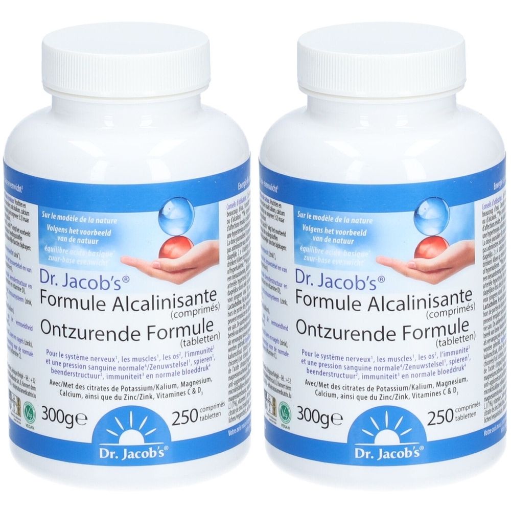 Twee flessen Dr. Jacob's Formule Alcalinisante. Witte flessen met blauwe en rode etiketten. Tekst: 250 tabletten, 300g.