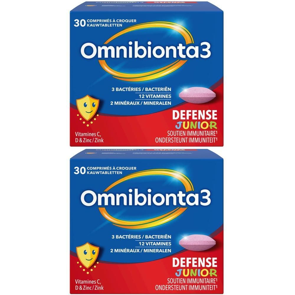 Deux boîtes d'Omnibionta3 Defense Junior. Boîtes bleues avec image de comprimé rose. Contient 3 bactéries, 12 vitamines, 2 minéraux.