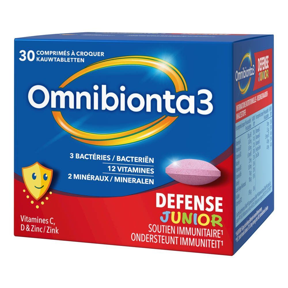 Omnibionta3 Defense Junior. Boîte bleue avec comprimé rose. Contient 3 bactéries, 12 vitamines, 2 minéraux.