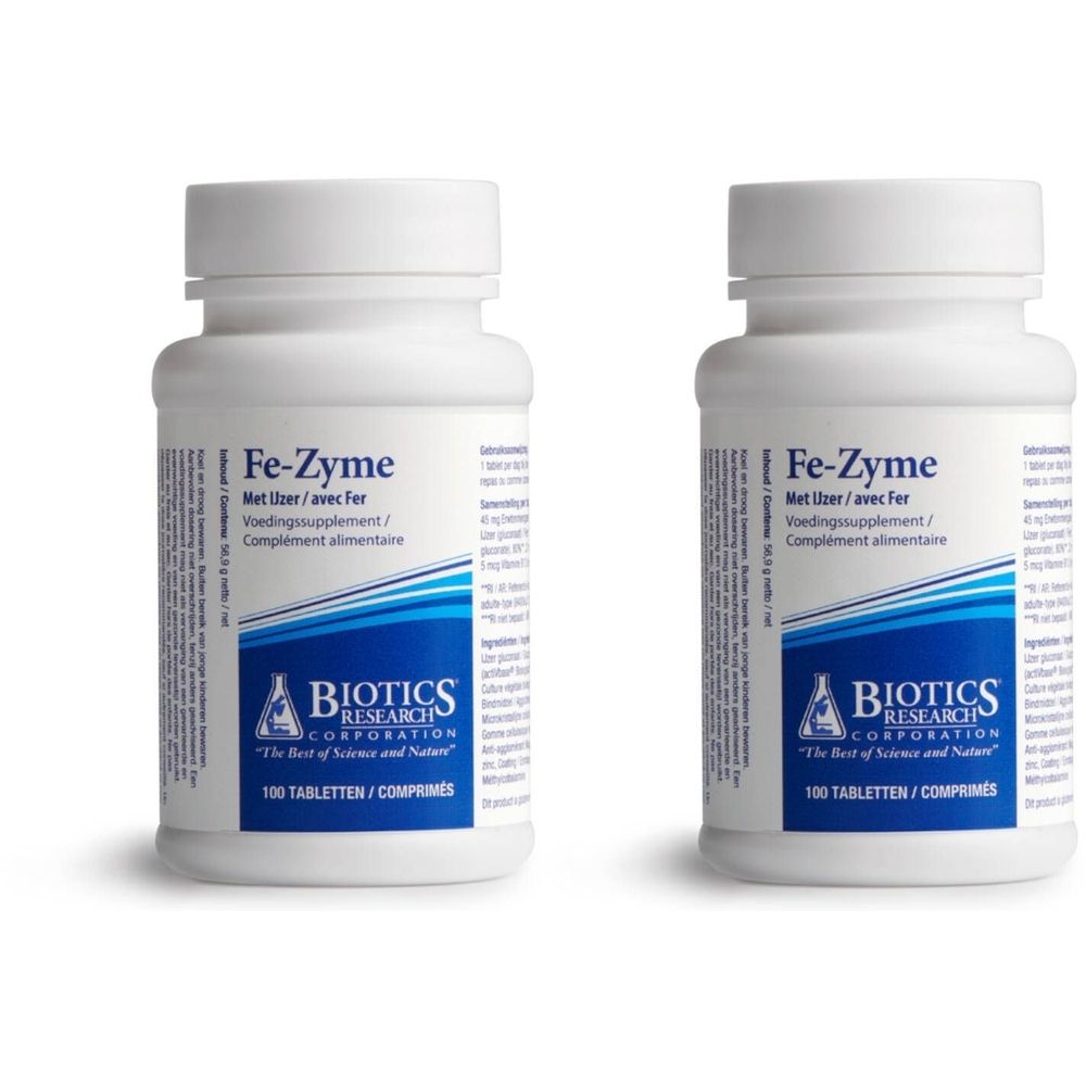 Twee witte flessen met schroefdop. Opschrift: Fe-Zyme, Biotics Research Corporation. 100 tabletten.