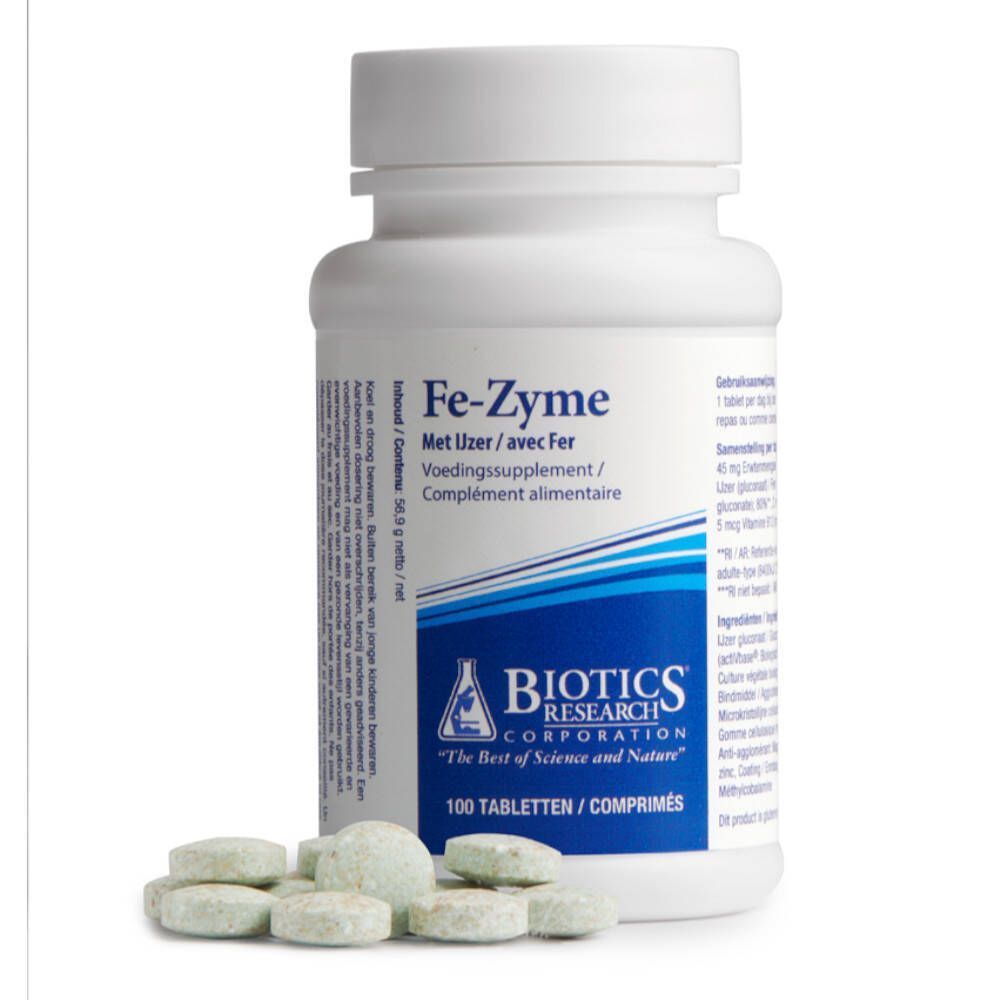 Een witte fles met schroefdop en tabletten ernaast. Opschrift: Fe-Zyme, Biotics Research Corporation. 100 tabletten.