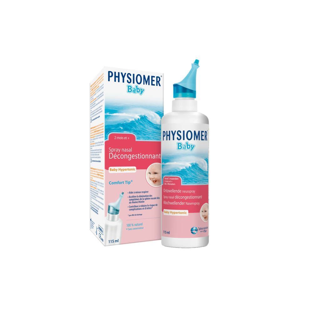 PHYSIOMER Baby spray nasal et emballage. Flacon blanc avec embout bleu. Étiquette rose avec informations produit.
