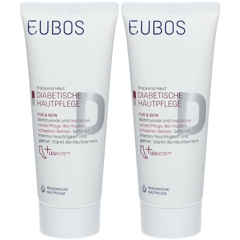 Twee tubes EUBOS® MED DIABETES HAUTPFLEGE. Witte tubes met tekst en logo. Tekst: FUB & BEIN, LEGACITF, Medizinische Hautpflege.