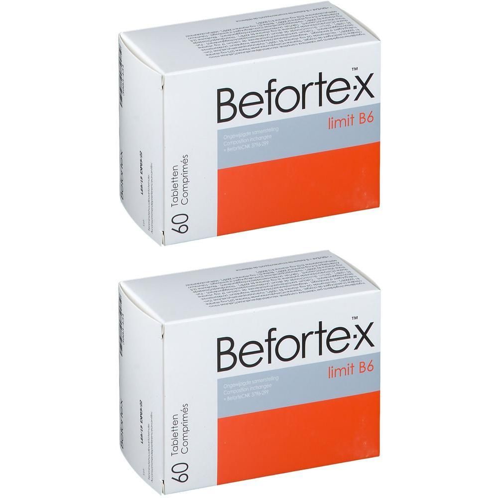 Zwei Schachteln Befortex limit B6. Weiße Verpackung mit rotem Akzent. 60 Tabletten. Schriftzug Befortex.