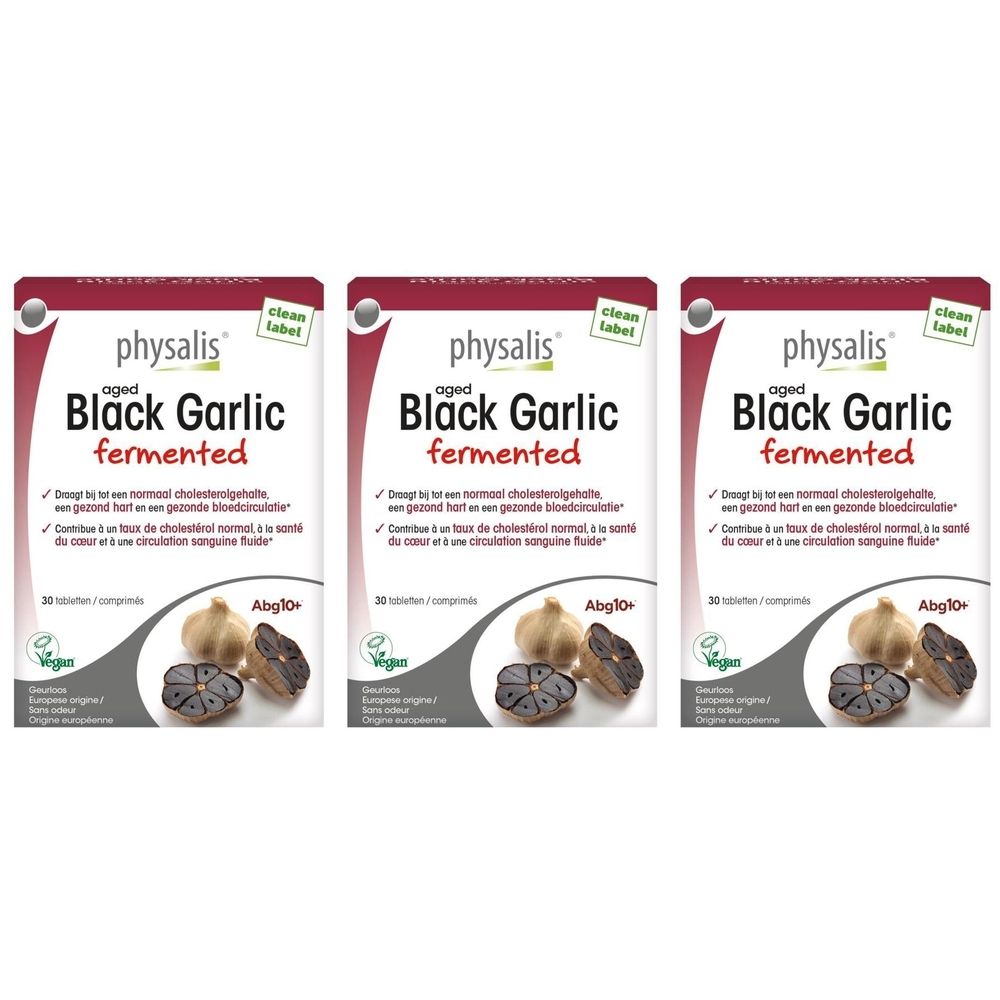 Drie verpakkingen physalis® Black Garlic fermented. Rode en witte verpakking met productafbeelding en tekst.