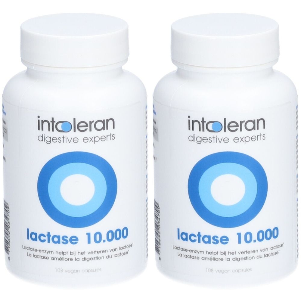 Deux flacons blancs avec logo cercle bleu. Inscription: Intoleran, Lactase 10.000. Texte en néerlandais et français.