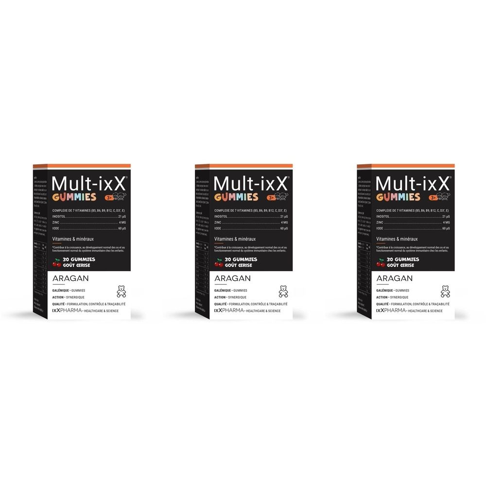 Trois boîtes de Mult-ixX Gummies. Texte noir sur fond blanc. Inscription: Mult-ixX Gummies, 30 Gummies. Marque: ARAGAN.