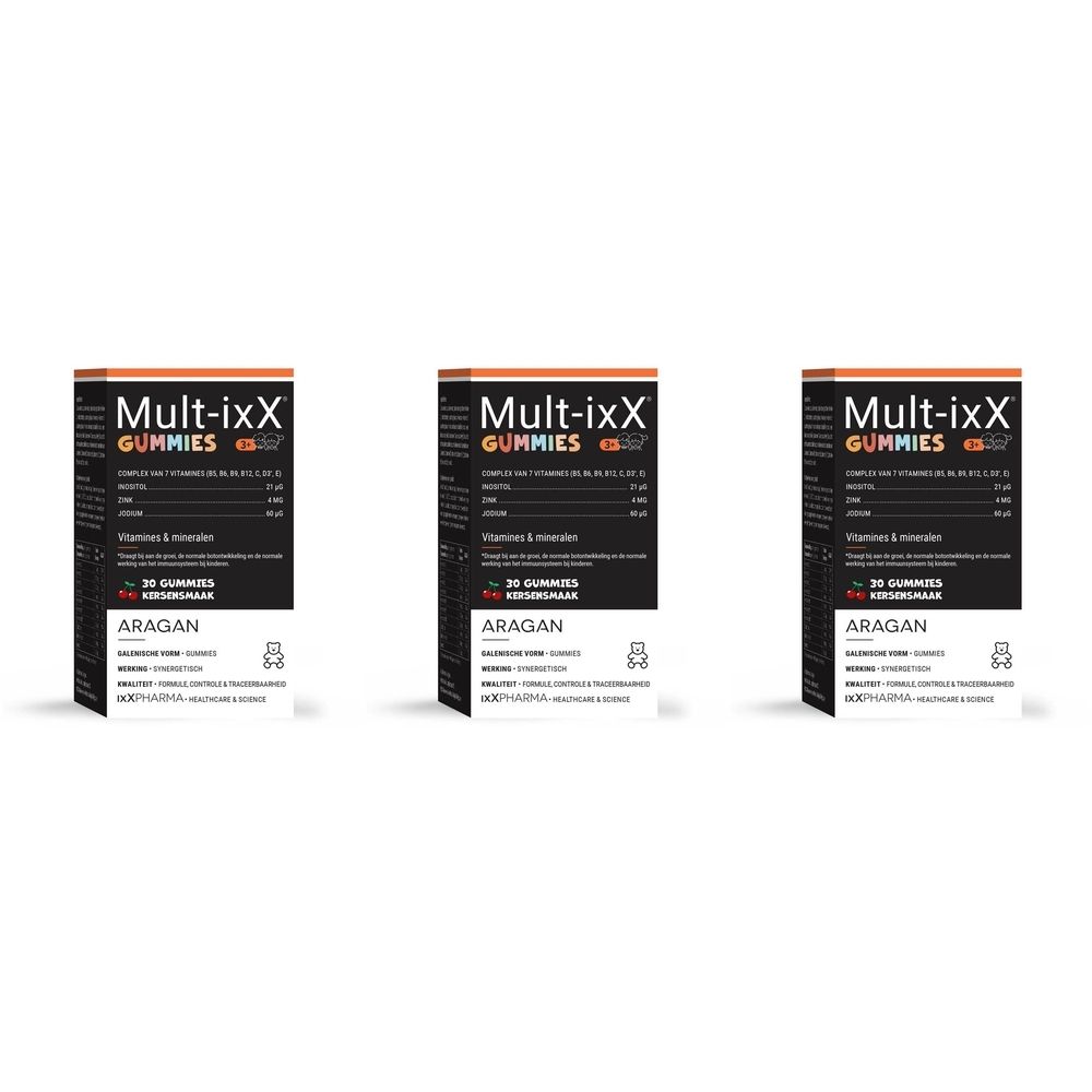 Drie dozen Mult-ixX Gummies. Zwarte tekst op witte achtergrond. Opschrift: Mult-ixX Gummies, 30 Gummies. Merk: ARAGAN.