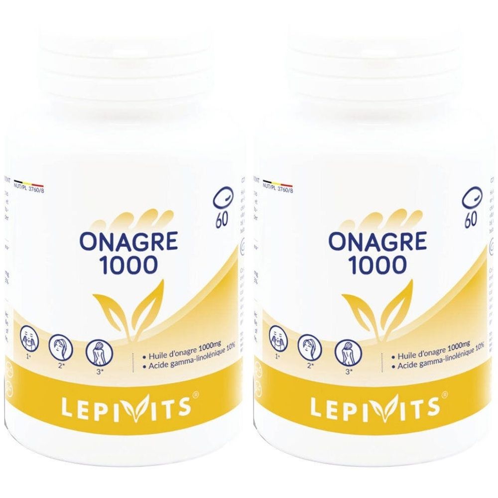 Twee witte flessen met gele etiketten. Opschrift: ONAGRE 1000, LEPIVITS. 60 capsules.
