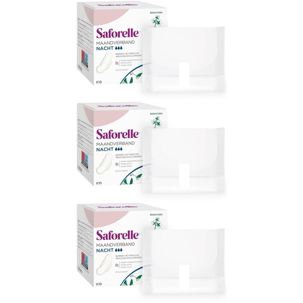 Trois paquets de serviettes hygiéniques Saforellem Nuit.