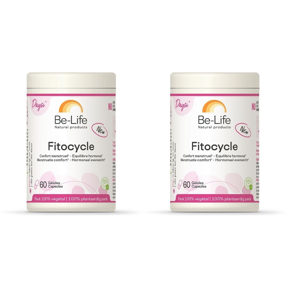 Twee potten Be-Life Fitocycle. Witte containers met roze etiketten. Opschrift: Fitocycle, 60 capsules. Logo: Be-Life Natural products.