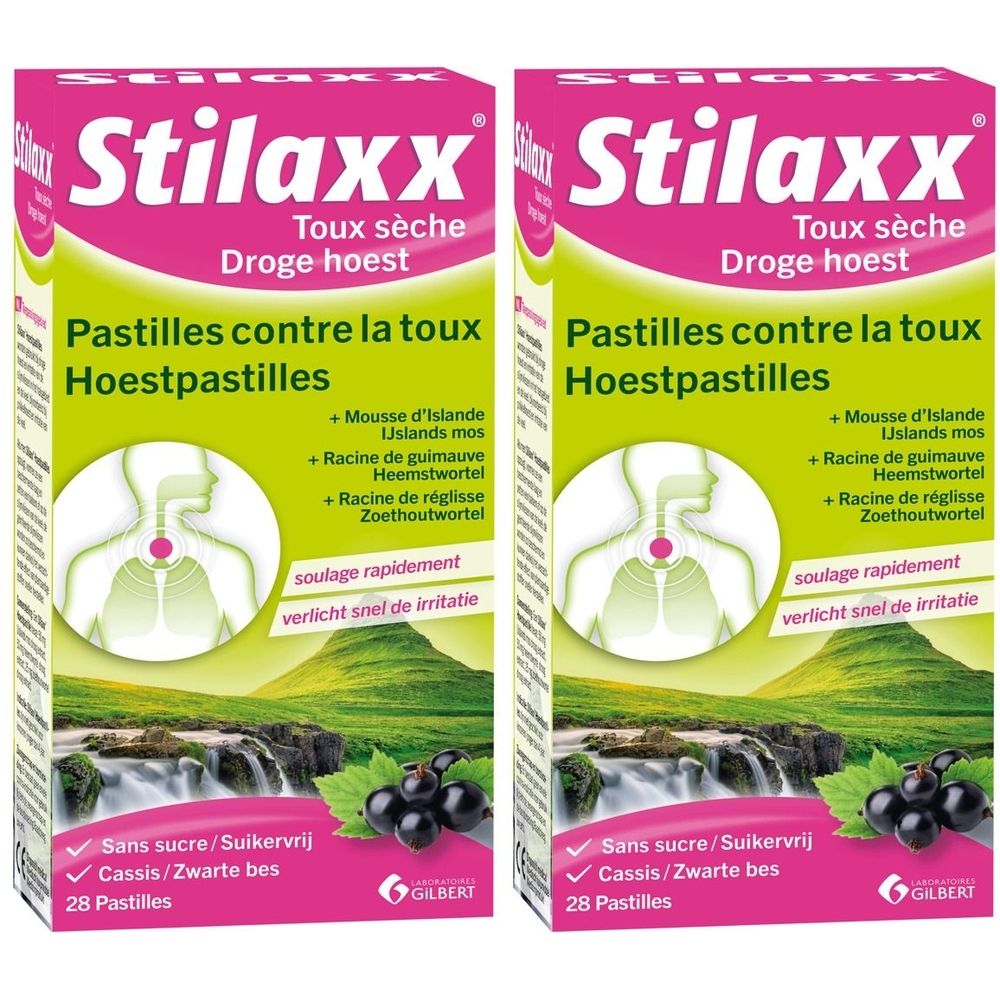 Twee pakken Stilaxx hoestpastilles, 28 pastilles per pak.