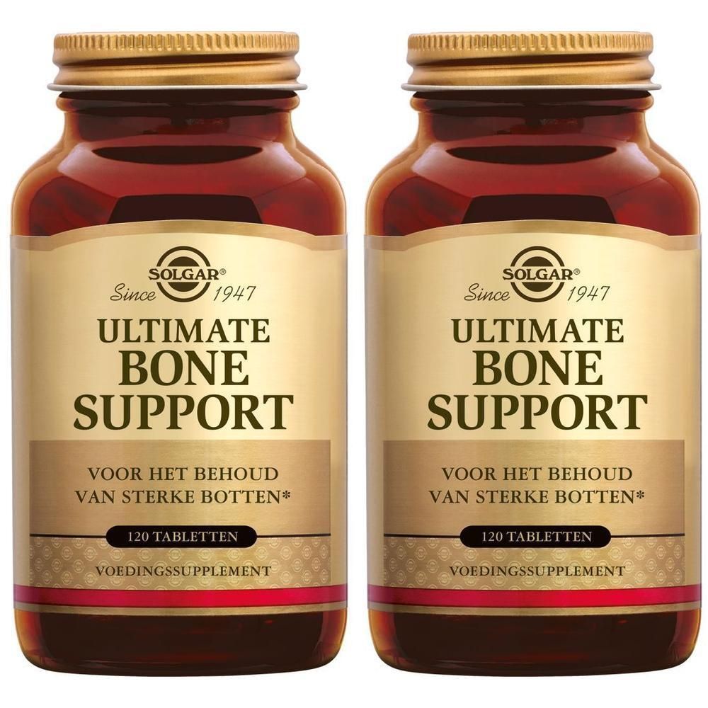 Deux flacons de Solgar Ultimate Bone Support. Flacons en verre brun avec couvercles dorés et étiquettes. 120 comprimés.