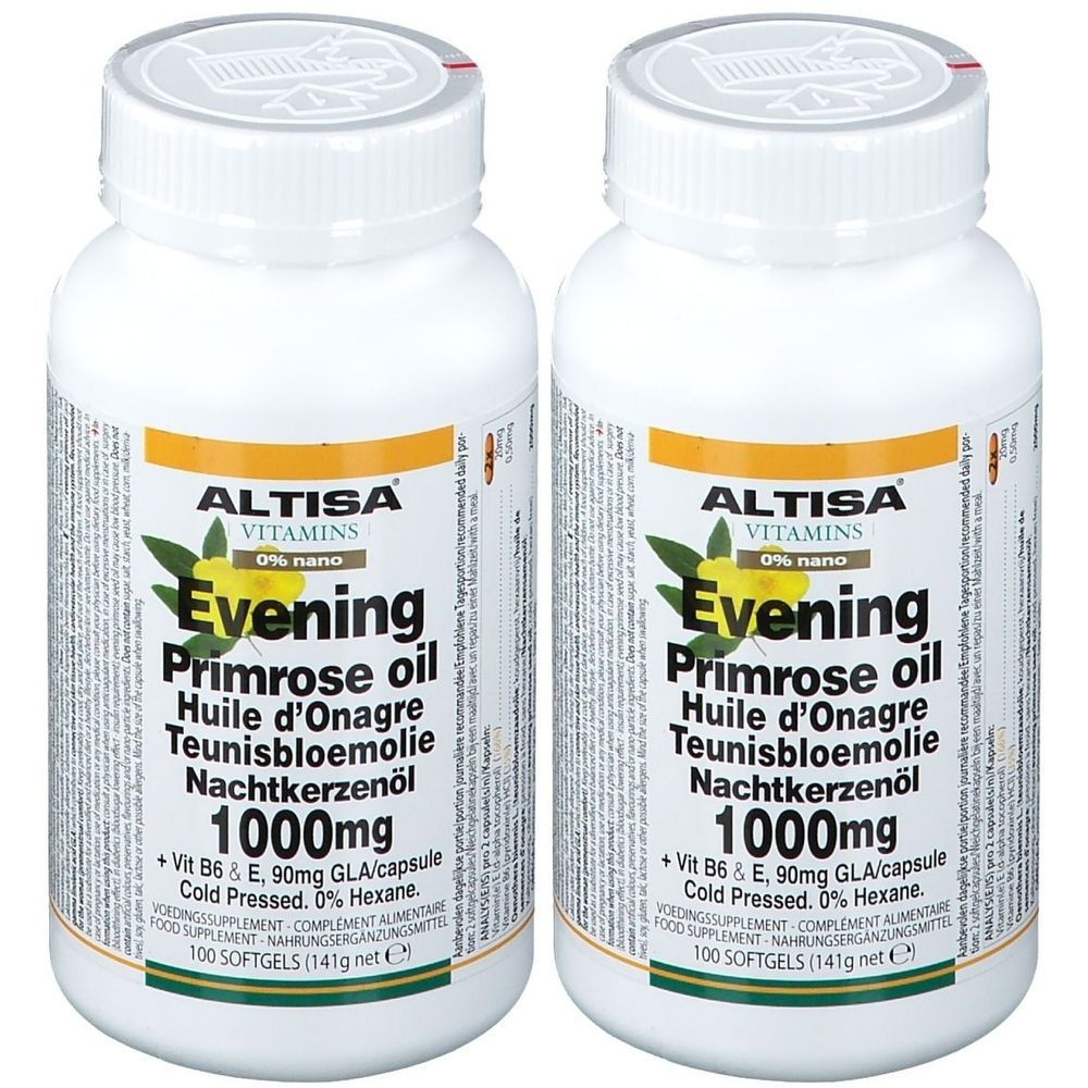 Twee witte flessen ALTISA Vitamins Evening Primrose Oil. Opschrift: 1000mg, 100 softgels. Geel-groen etiket.