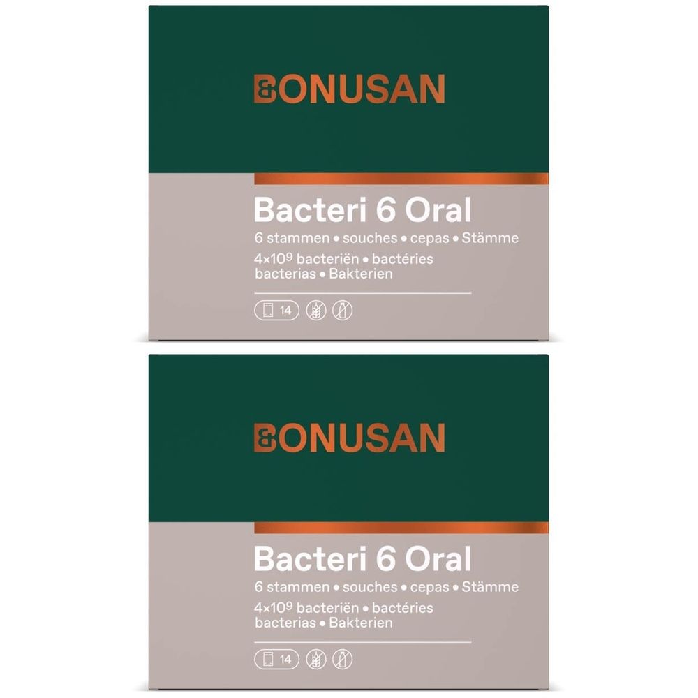 Twee verpakkingen BONUSAN Bacteri 6 Oral. Elke verpakking met 14 sachets. Tekst: 6 stammen, 4x10⁹ bacteriën.