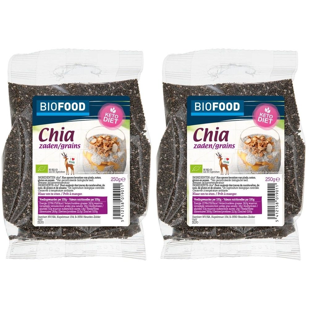 Twee transparante zakken chiazaden. Labels met productnaam, bio-logo en Keto Diet-aanduiding.