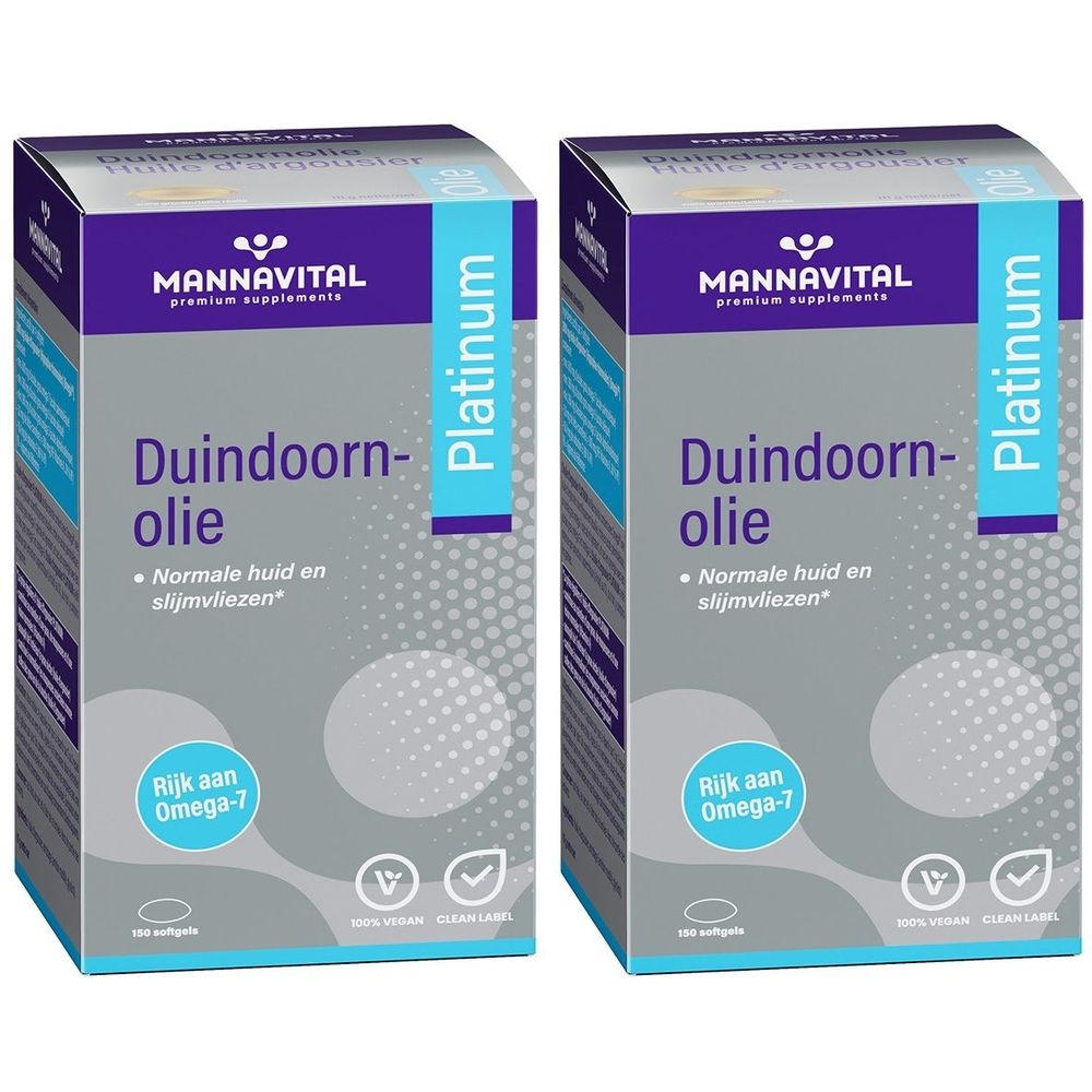 Twee rechthoekige dozen met productnaam en logo. Tekst: Duindoornolie, Rijk aan Omega-7. Verpakking in paars, wit en blauw.