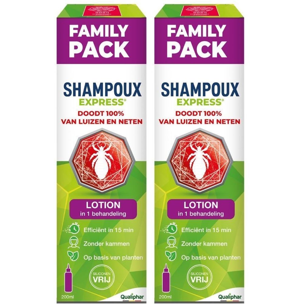 Twee flessen Shampoux Express lotion tegen hoofdluis, 200 ml per stuk.