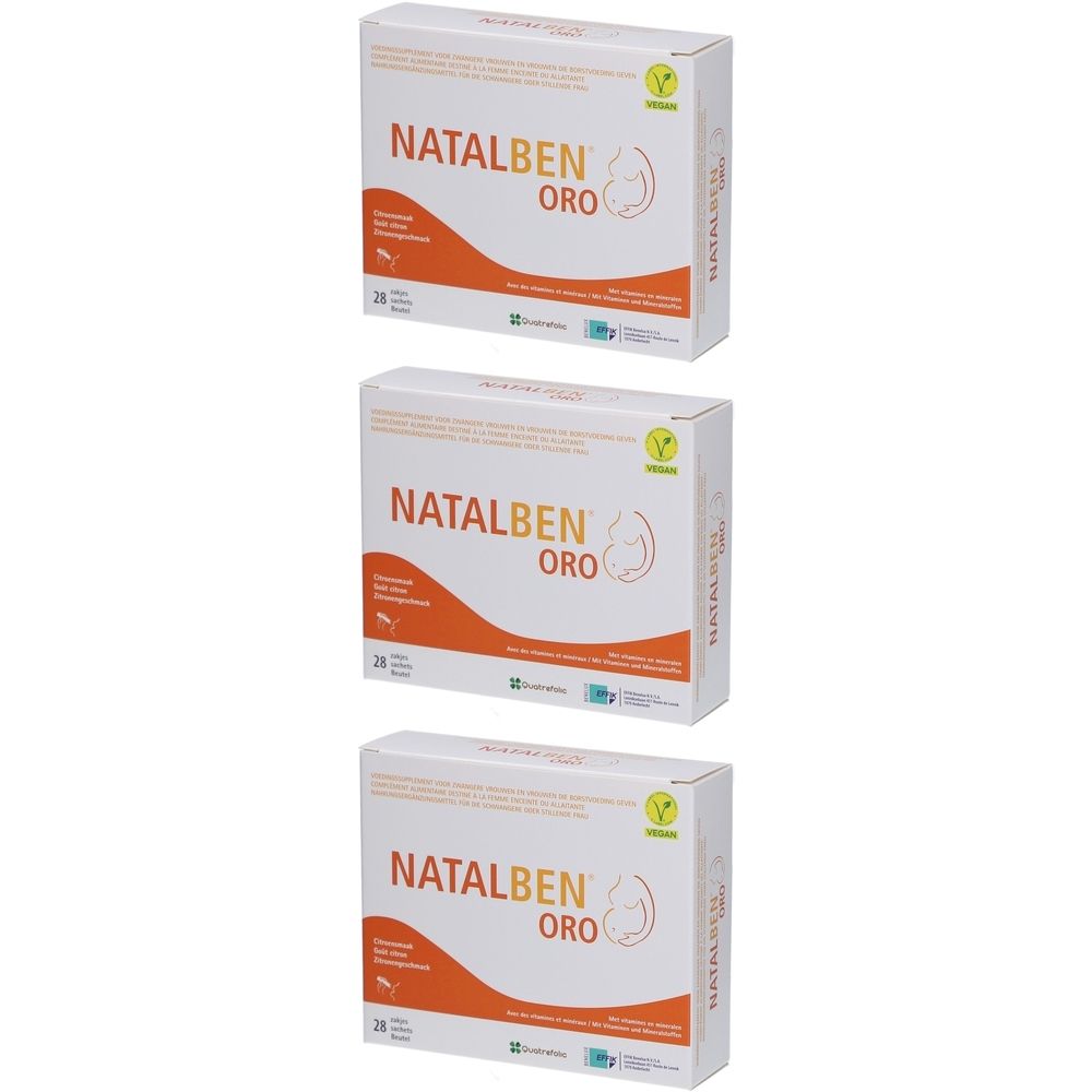 Drie dozen Natalben Oro, wit met oranje tekst en logo. Bevat 28 capsules. Vegan keurmerk.