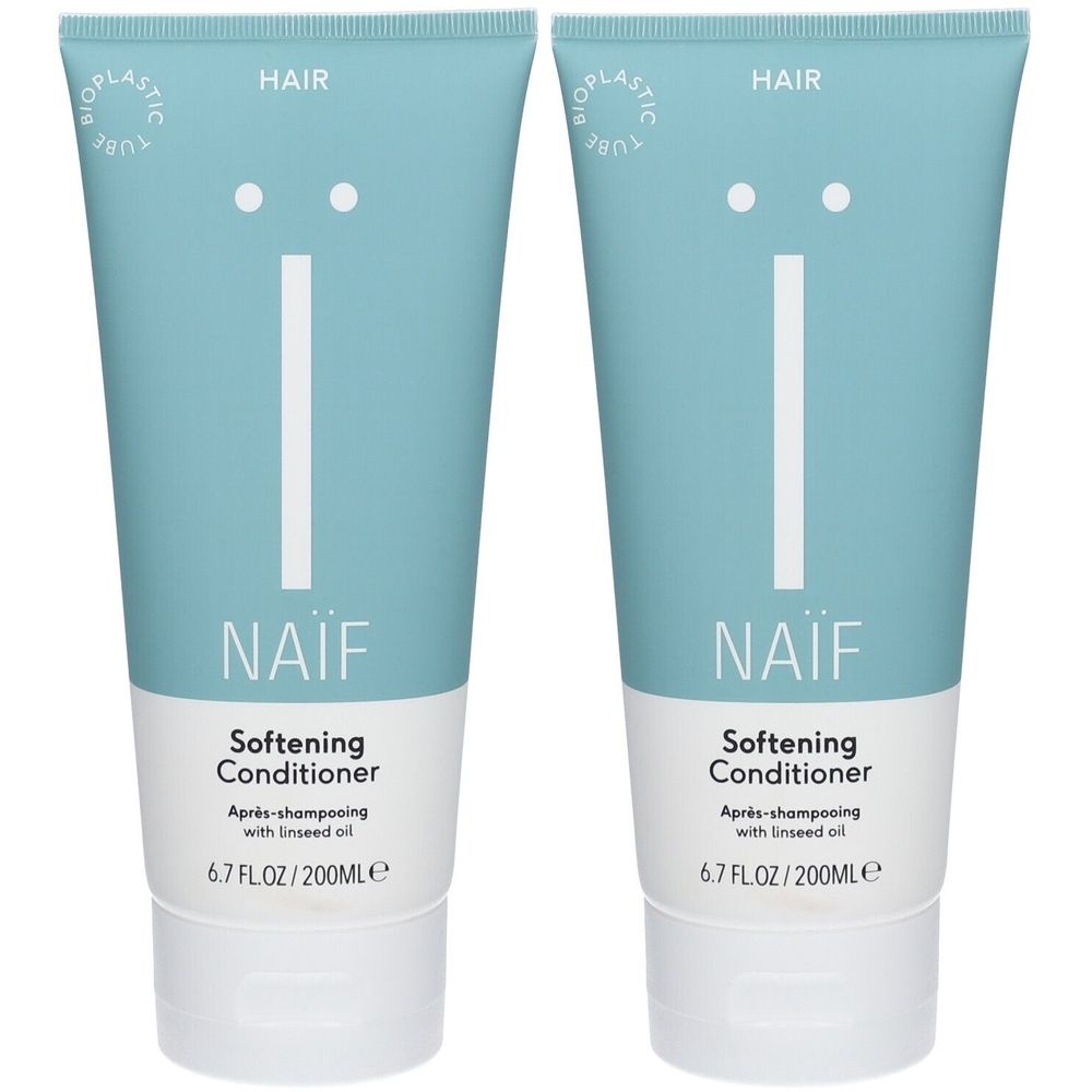Zwei Tuben NAIF Softening Conditioner. Hellblaue Tuben mit weißer Schrift. Enthält Leinsamenöl. 6.7 FL.OZ/200ML.