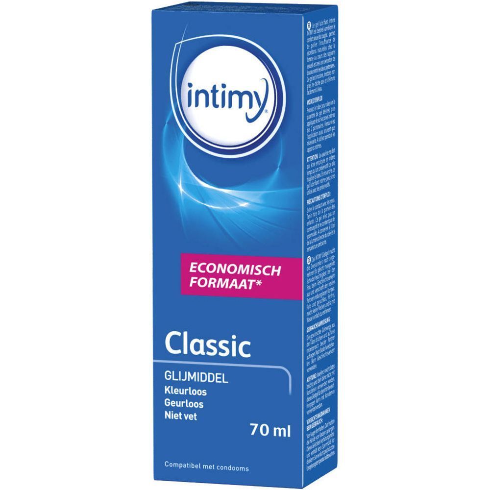 Blaue Schachtel mit "intimy"-Logo. Aufschrift "Classic Glijmiddel". "Economisch formaat" und "70 ml" sind ebenfalls sichtbar.