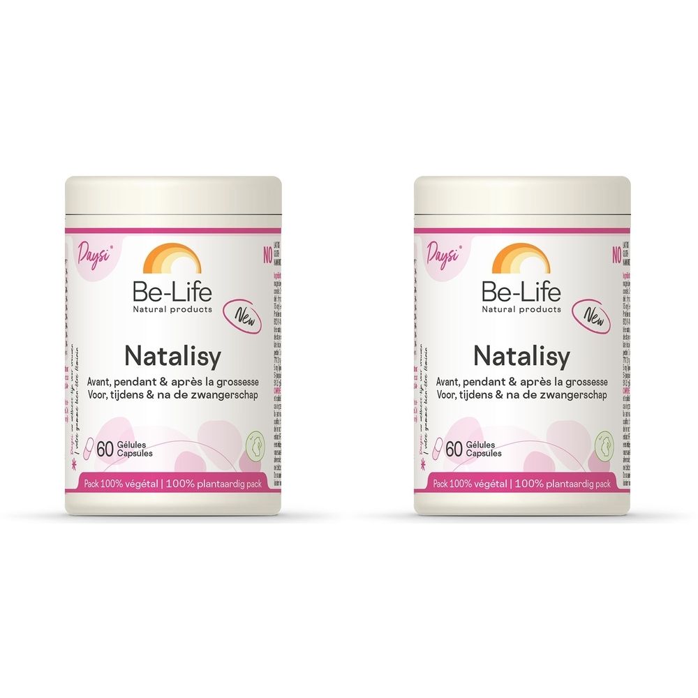 Twee witte potten met etiketten. Opschrift: Be-Life Natalisy, 60 capsules. Roze en oranje elementen.