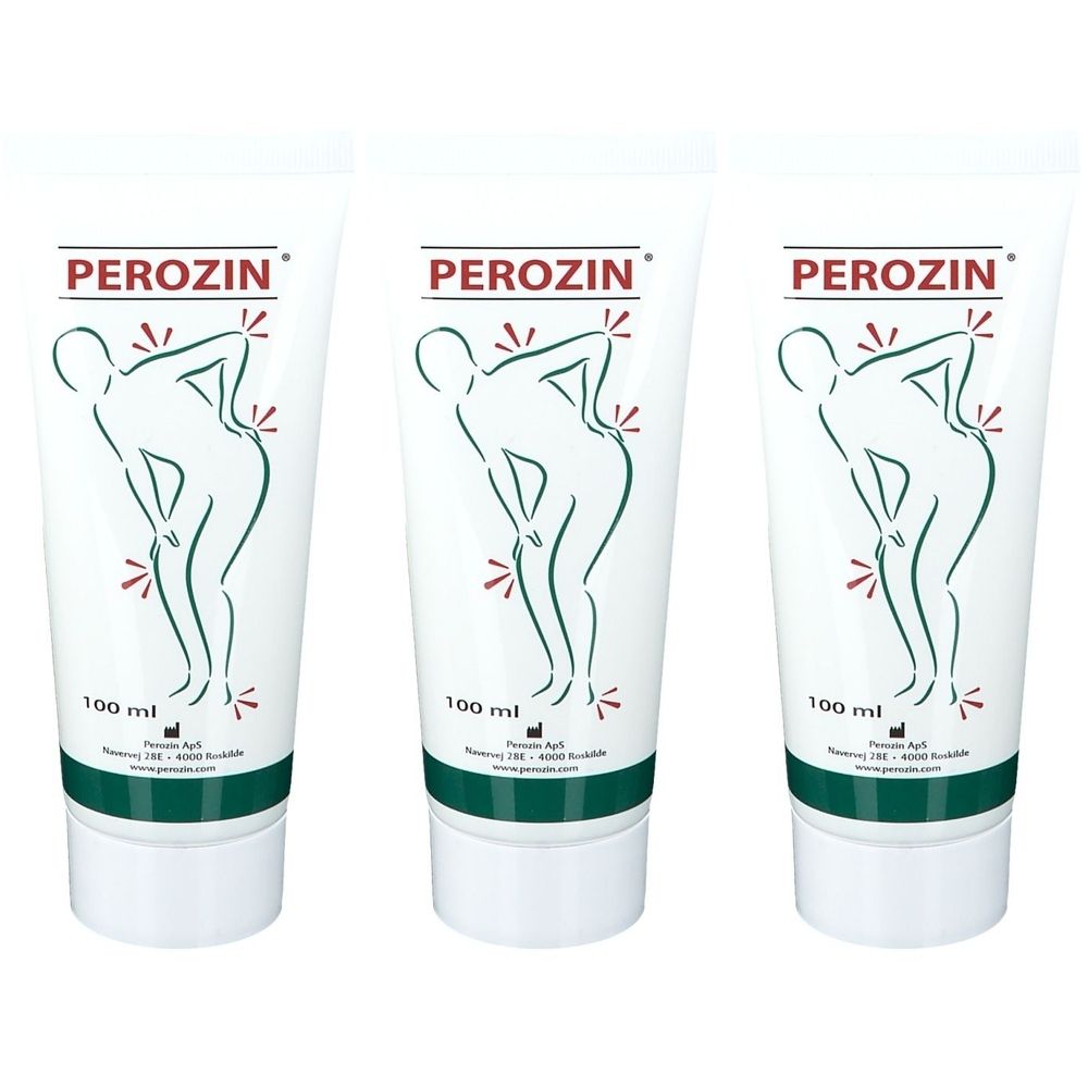 Drie tubes Perozin met afbeelding van een pijnlijke rug.