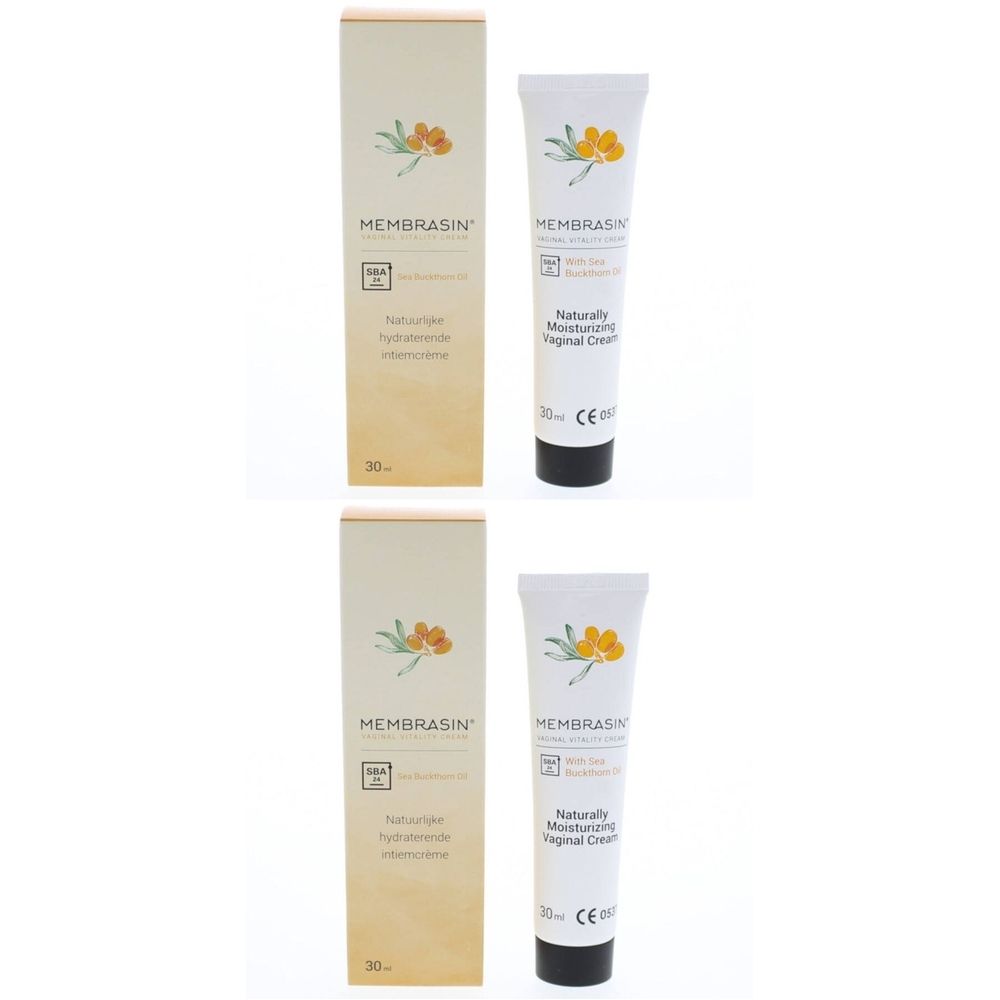 Twee tubes en dozen MEMBRASIN® Crème vaginale. Witte tubes met zwarte dop. Beige dozen met productinformatie.