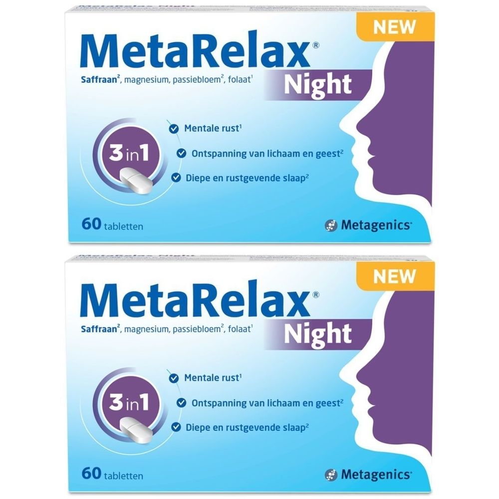 Twee dozen MetaRelax Night. Opschrift: 3 in 1, 60 tabletten. Paarse en witte verpakking met profiel van een persoon.