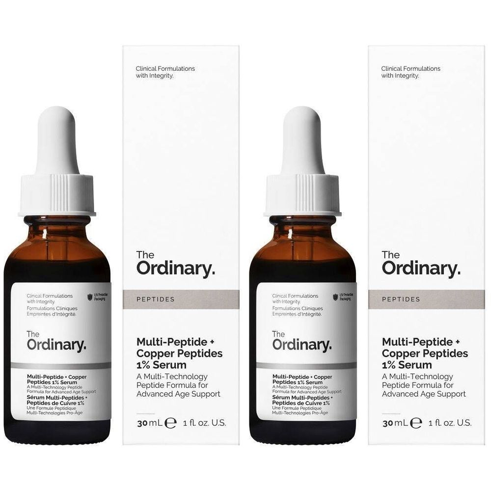 Drei Flaschen Serum mit Pipette und Verpackung. Aufschrift: The Ordinary, Multi-Peptide + Copper Peptides 1% Serum.