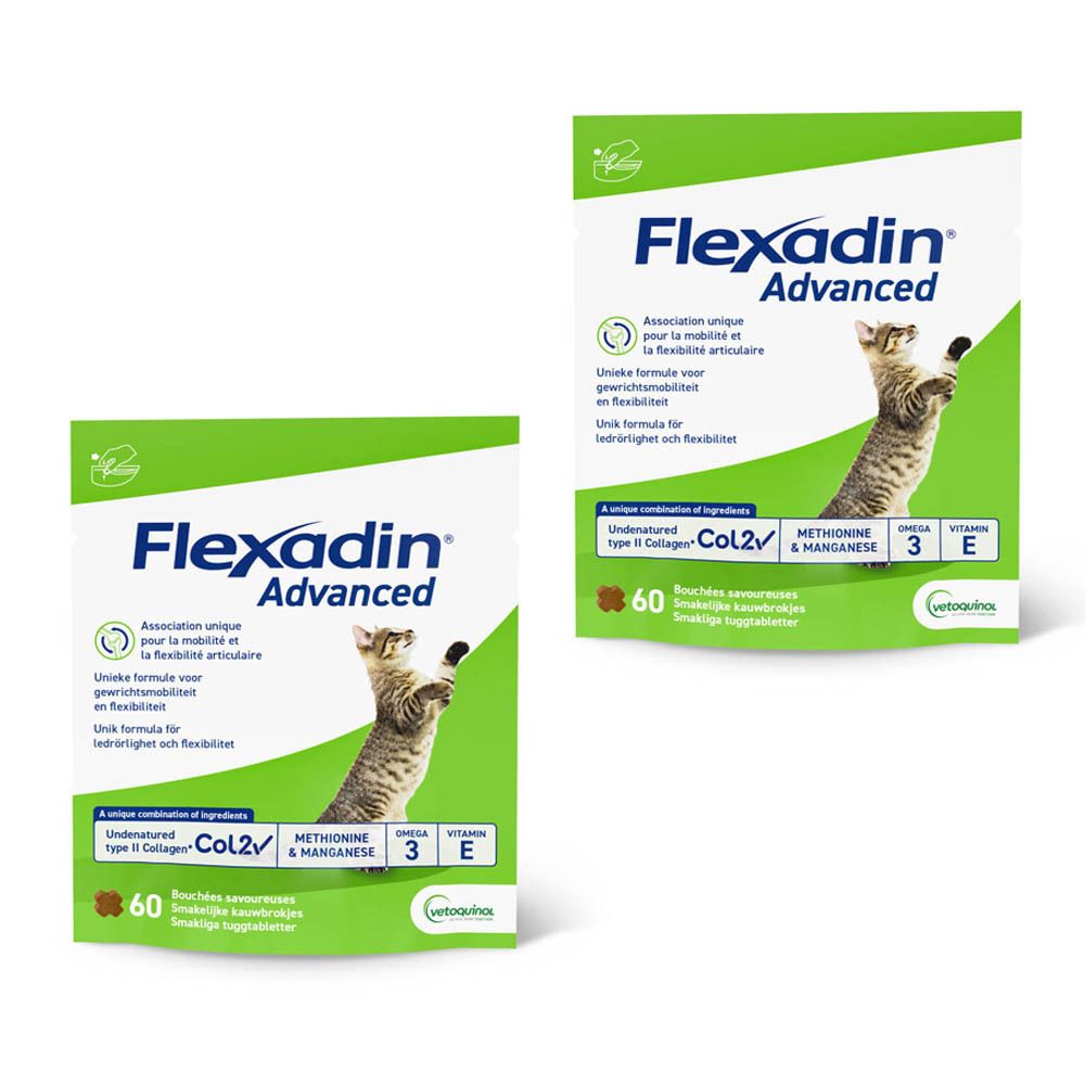 Deux paquets de Flexadin Advanced pour chiens et chats, 60 pièces chacun.