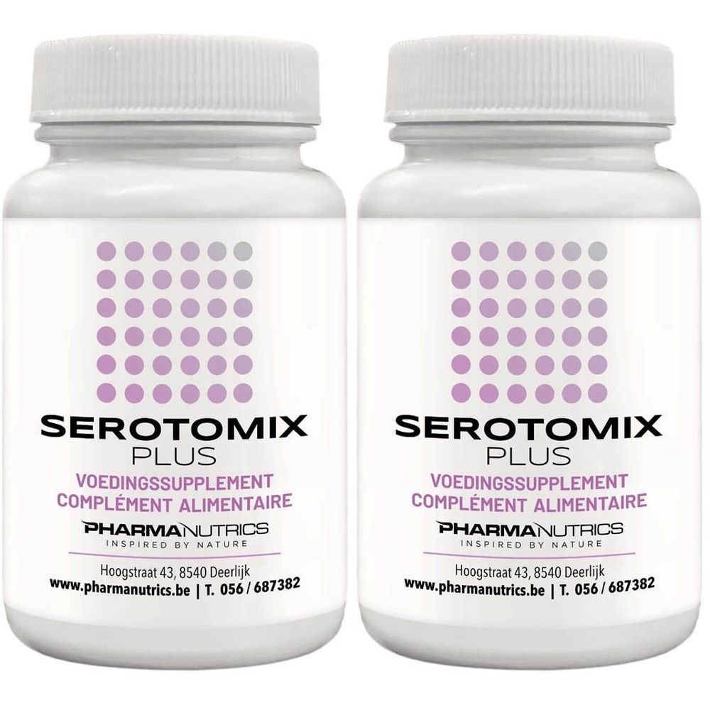 Twee witte flessen met paarse etiketten. Opschrift: Serotomix Plus, Voedingssupplement, Complément Alimentaire. Merk: PharmaNutrics.