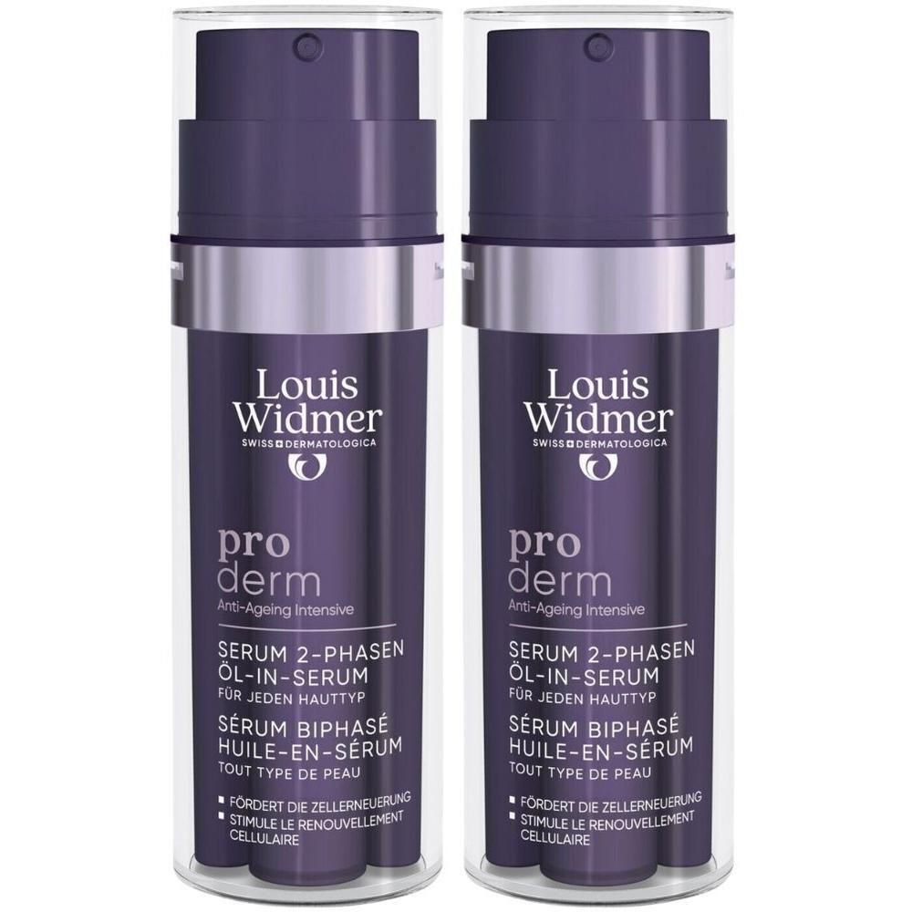 Twee Louis Widmer ProDerm Anti-Aging serums in pompflesjes.