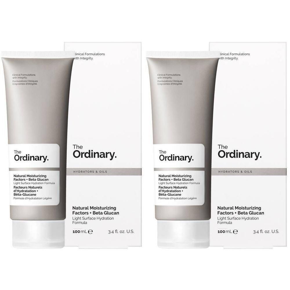 Zwei Tuben mit weißer Verpackung. Aufschrift: The Ordinary, Natural Moisturizing Factors + Beta Glucan.