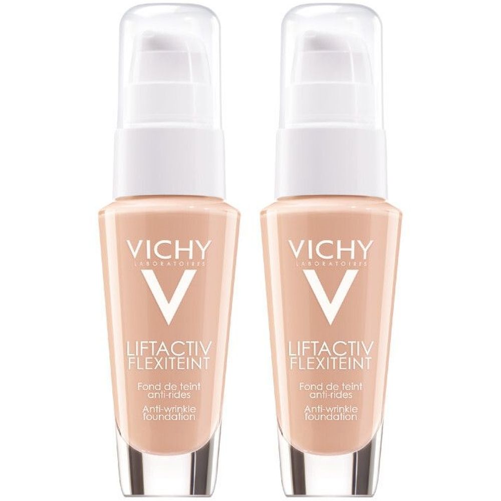 Deux fonds de teint Vichy Liftactiv Flexiteint anti-rides, teinte claire, présentés dans des flacons en verre avec pompe.