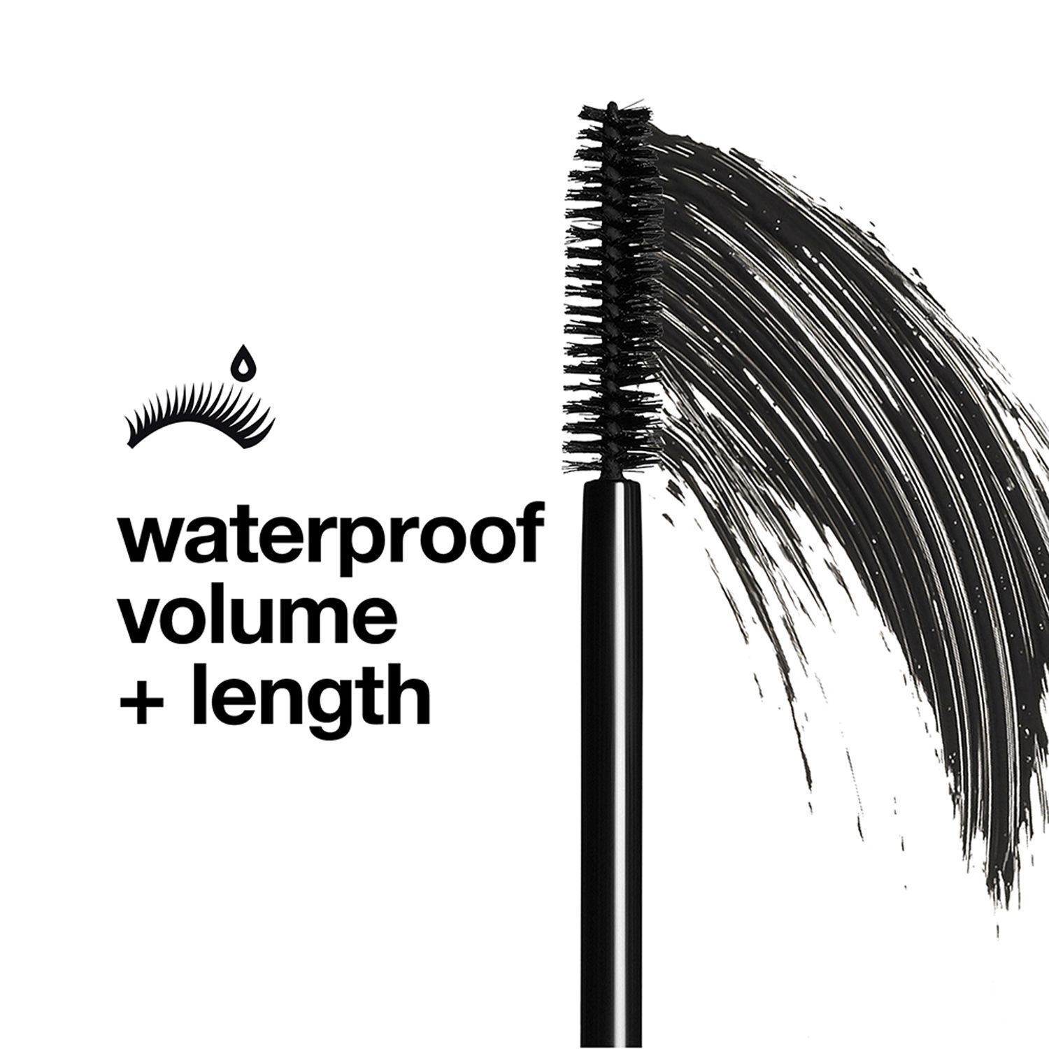 Schwarze Mascarabürste mit Mascara-Strichen. Text: waterproof volume + length. Wassertropfen-Symbol neben Wimpern-Symbol.