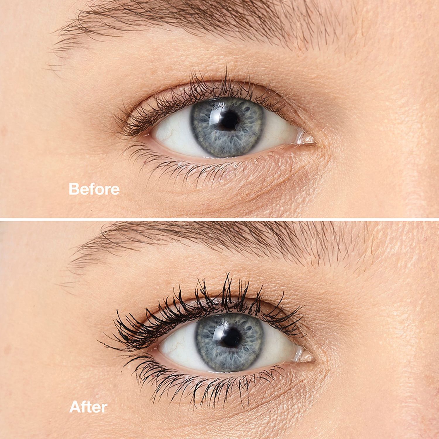 Auge vor und nach dem Auftragen von Mascara. Oben: Auge ohne Mascara. Unten: Auge mit Mascara. Text: Before, After.